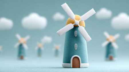 A blue windmill with a yellow top sits on a blue background. The windmill is surrounded by other windmills, creating a sense of a windy landscapeの素材