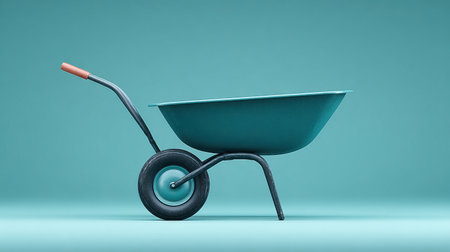 A blue wheelbarrow with a red handle is sitting on a blue background. The wheelbarrow is empty and he is a simple, functional objectの素材
