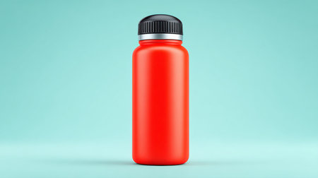 A red water bottle sits on a blue background. The bottle is empty and has a black capの素材