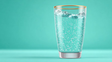 A glass of water with ice cubes in it. The glass is clear and the water is coldの素材