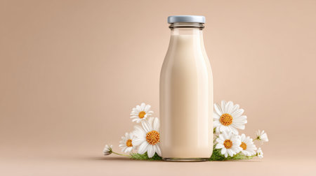 A glass bottle of milk is placed on a table with a bunch of white flowers. The bottle is half full and the flowers are scattered around it. Concept of freshness and simplicityの素材