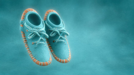 A pair of blue shoes with a brown sole and a white laces. The shoes are in the air and appear to be floatingの素材