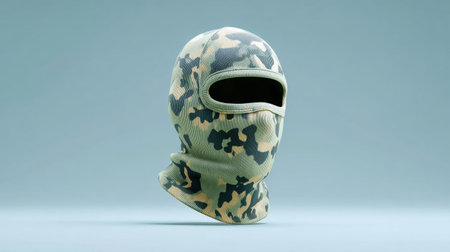 A camouflage face mask with a black visor. The mask is made of a mesh material and has a pattern of green and brown colorsの素材