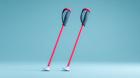 Two ski poles are standing upright on a blue background. The poles are red and black. Concept of adventure and excitement, as if someone is about to go skiing or snowboardingの素材