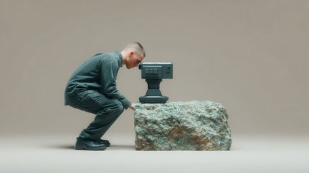 A man is kneeling on a rock and looking at a camera. Concept of curiosity and wonder, as the man seems to be examining the camera with great interestの素材