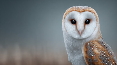 A white owl with brown markings on its face is staring at the camera. The image has a calm and peaceful mood, as the owl appears to be looking directly at the viewerの素材
