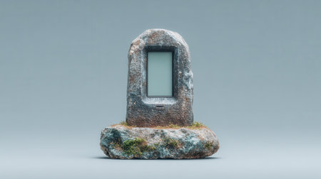 A stone slab with a small screen on top of it. The stone slab is covered in moss and has a rough texture. The screen is black and white, and it is a small televisionの素材