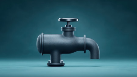 A black pipe with a silver valve on top. The valve is closed. The pipe is on a blue backgroundの素材