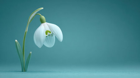 A white flower is shown on a blue background. The flower is a snowdrop, and it is the only flower in the image. The blue background gives the image a calm and serene moodの素材