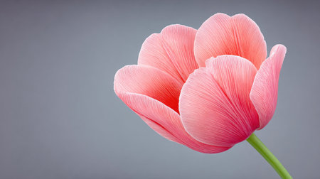 A single pink flower with a stem. The flower is the main focus of the image. The background is a grayish color, which gives the image a calm and serene atmosphereの素材