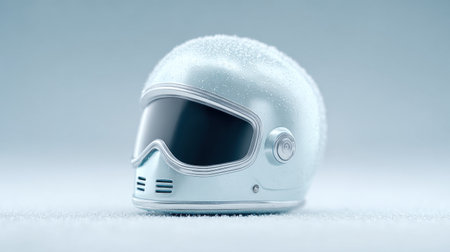A silver helmet with a black visor sits on a white surface. The helmet is shiny and reflective, giving it a futuristic appearanceの素材