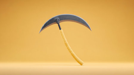 A curved, wooden handle with a metal blade is shown on a yellow background. Concept of adventure and exploration, as the weapon is often associated with outdoor activities and survival situationsの素材
