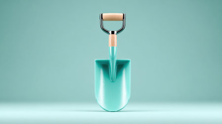 A blue shovel with a wooden handle is shown on a green background. The shovel is the main focus of the image, and it is a simple, functional object. The green background adds a sense of freshnessの素材
