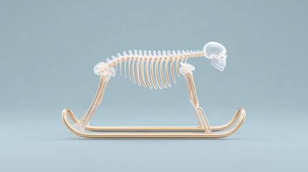A skeleton is on a sled. The skeleton is on a sled that is on a blue backgroundの素材