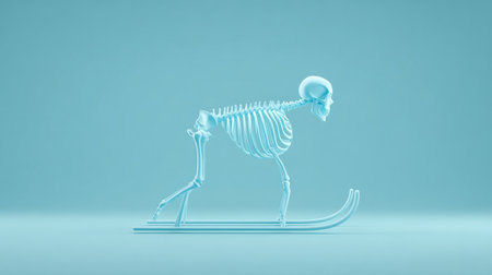 A skeleton is on skis and is in the process of skiing. The skeleton is wearing a blue suit and is on a blue background. The image has a cold and eerie mood, as the skeleton is not a living beingの素材