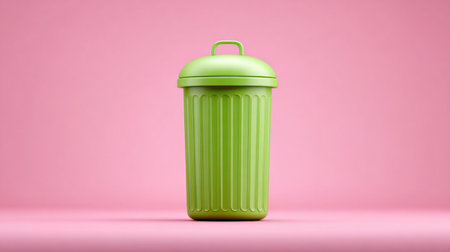 A green trash can sits on a pink background. The trash can is empty and has a lid on topの素材