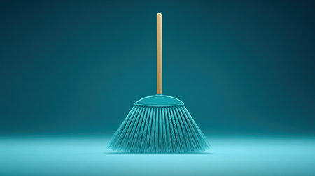 A blue and wooden broom is standing upright on a blue surface. The broom is the only object in the image, and it is the main focus. The blue color of the broom and the background creates a calmの素材
