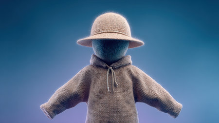A cartoonish figure wearing a hat and a sweater stands in front of a blue background. The hat is a straw hat, and the sweater is made of a fuzzy material. The figure appears to be a personの素材