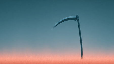 A long, curved blade is standing upright in a field of grass. The blade is made of metal and he is sharp. The scene is serene and peaceful, with the blade standing out against the natural landscapeの素材