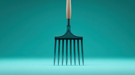 A green garden rake with a wooden handle. The rake is standing upright on a blue background. Concept of calm and tranquility, as the rake is a symbol of gardening and natureの素材