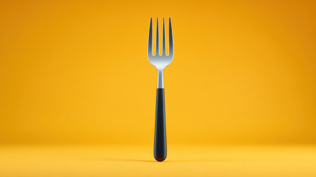 A fork is sitting on a yellow background. The fork is silver and black. The fork is the main focus of the imageの素材