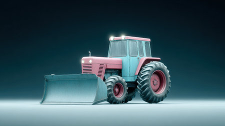 A pink and blue tractor with a plow on the front. The tractor is parked on a grey backgroundの素材