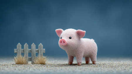 A small pig is standing in front of a wooden fence. The fence is old and weathered, and the pig is looking up at the sky. The scene is peaceful and quietの素材