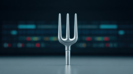A silver fork is shown in front of a black background. The fork is the only object in the image, and it is the main focus. The image has a minimalist and modern feelの素材