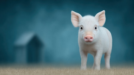 A white pig stands in front of a small house. The image has a calm and peaceful mood, as the pig is standing alone in a field, with no other animals or people in the sceneの素材