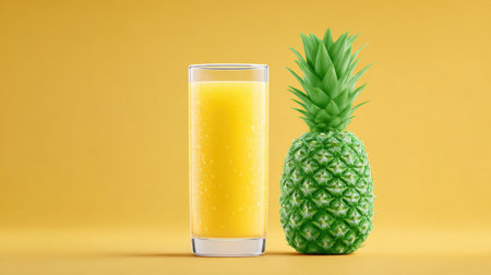 A glass of orange juice is next to a pineapple. The glass is half full and the pineapple is greenの素材