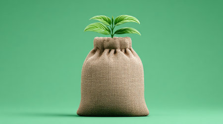 A plant is growing out of a brown bag. The bag is made of burlap and is green in colorの素材