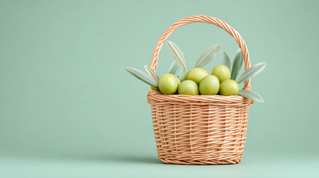 A basket of green olives sits on a green background. The basket is woven and filled with a variety of green olivesの素材