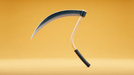 A wooden sword with a black handle is shown on a yellow background. The sword is curved and has a black handleの素材
