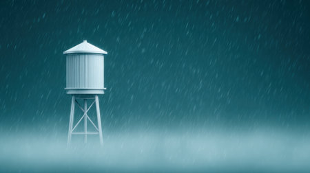 A white water tower is standing in the rain. The tower is surrounded by a misty, foggy atmosphereの素材