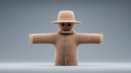 A creepy, straw-covered scarecrow with a fake beard and a straw hat stands in front of a gray background. The scarecrow's appearance is unsettlingの素材