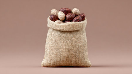A bag of nuts is sitting on a table. The bag is made of a brown fabric and is filled with a variety of nuts. Concept of abundance and variety, as the bag is overflowing with different types of nutsの素材