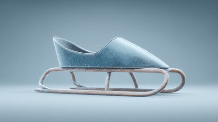 A blue sled with a wooden frame and a snowflake design on the bottom. The sled is covered in snow and he is old and wornの素材