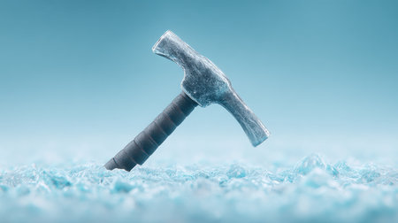 A hammer is frozen in ice and is laying on the ground. Concept of coldness and stillness, as the hammer is frozen and not in use. The blue background adds to the overall mood of the imageの素材