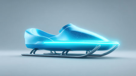 A blue snowmobile with neon lights on it. The snowmobile is on a grey background. Scene is futuristic and coolの素材