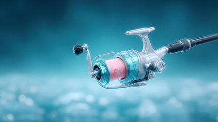 A fishing rod with a pink fishing line attached to it. Concept of calmness and relaxation, as fishing is often associated with spending time outdoors and enjoying natureの素材