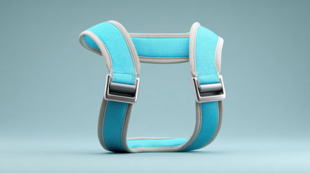 A blue and gray harness with a silver buckle. The harness is designed to be comfortable for a dog to wearの素材