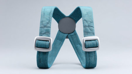 A blue harness with a silver buckle is shown. The harness is blue and silver, and it is designed to be worn by a personの素材