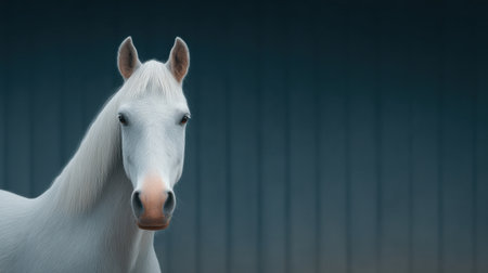 A white horse is standing in front of a blue wall. The horse is looking directly at the cameraの素材