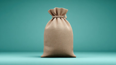 A brown bag with a rope tied to it. The bag is sitting on a blue surfaceの素材