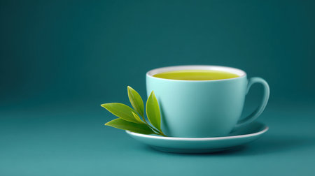 A cup of green tea with a leaf on top of it. The cup is on a blue plateの素材