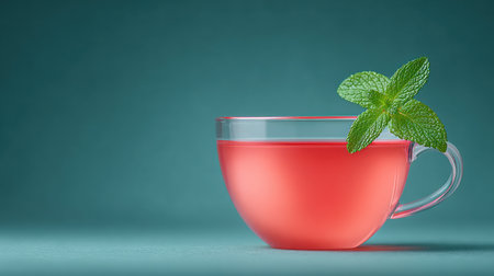 A cup of tea with a sprig of mint on top. The cup is clear and the tea is pinkの素材