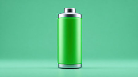 A green battery is sitting on a green background. The battery is full and ready to be usedの素材