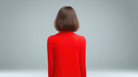 A woman in a red shirt is standing in front of a gray background. Concept of simplicity and minimalism, with the woman's outfit being the only prominent elementの素材