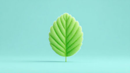 A leafy green plant is shown on a blue background. The leaf is large and has many small white dots on it. Concept of growth and vitality, as the leaf is a symbol of life and natureの素材