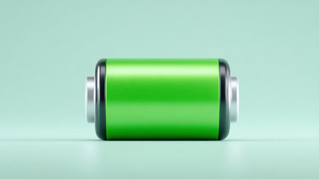 A green battery is shown on a green background. The battery is almost empty, and it is sitting on a tableの素材